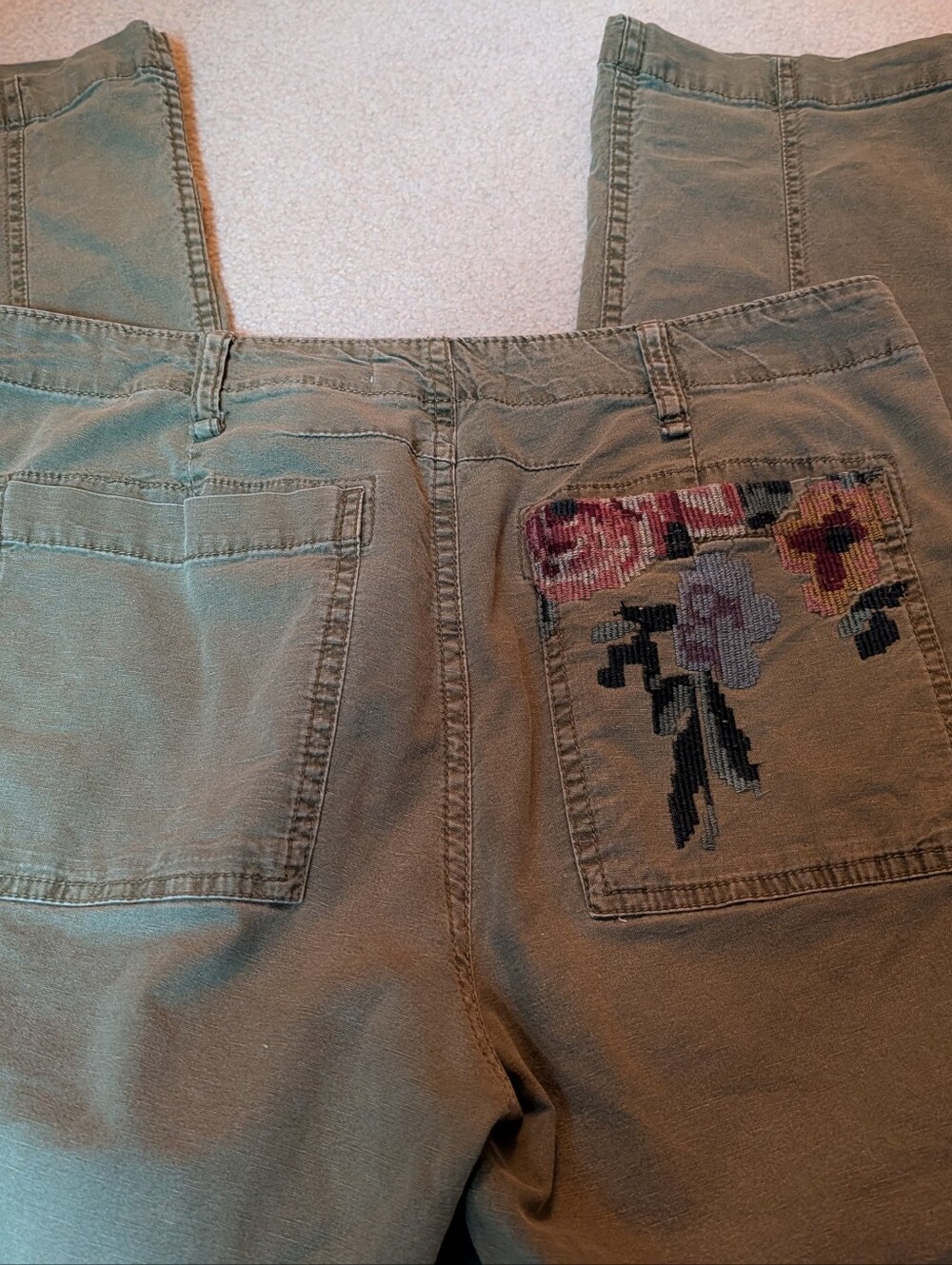 Anthropologie Olive Green Pants with Floral Patch Pockets - Picture 3 of 4